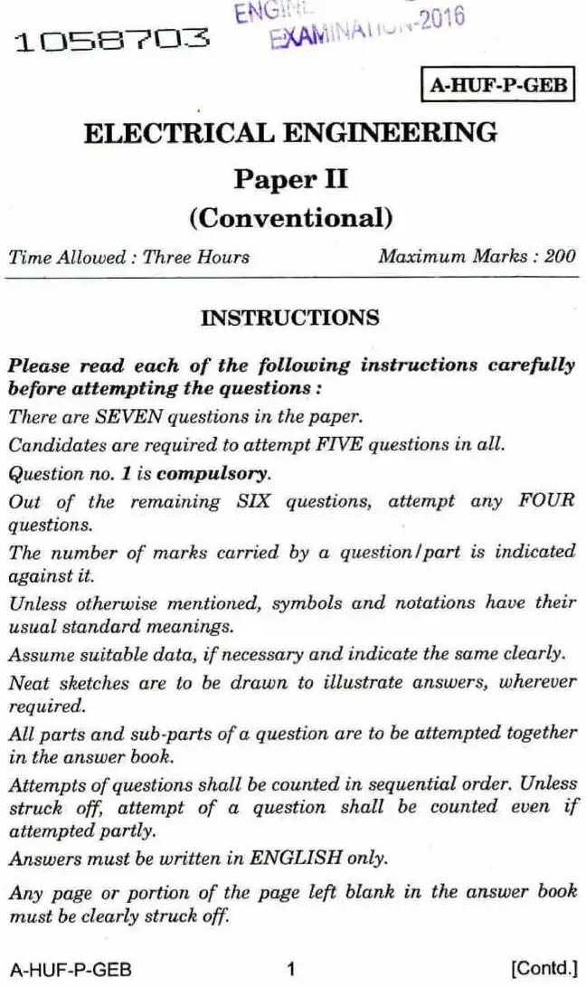UPSC Engineering Services Examination 2016 Electrical Engineering Paper II Conventional question paper page 1 instructions scan PDF download