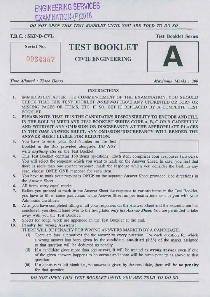 UPSC Engineering Services Examination 2018 Civil Engineering question paper page 1 instructions scan PDF download