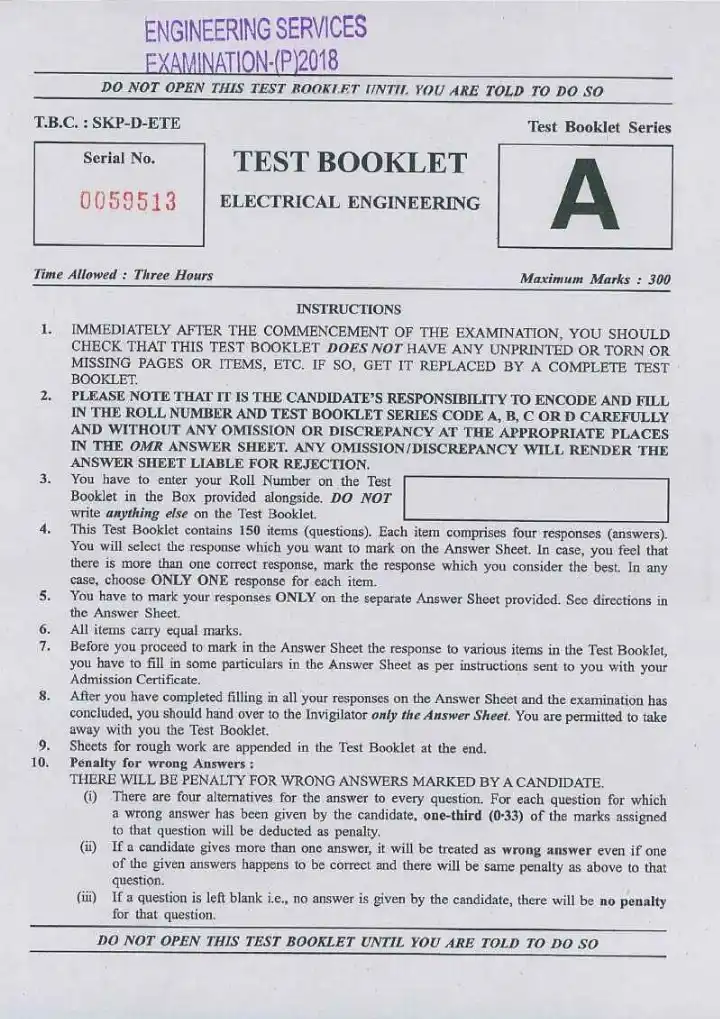 UPSC Engineering Services 2018 Electrical Engineering question paper page 1 instructions scan PDF download