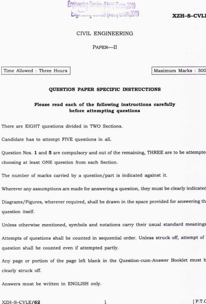 UPSC Engineering Services Main Exam 2019 Civil Engineering Paper II question paper page 1 scan, showing exam name, paper code XZH-S-CVLE, duration, marks, and specific instructions for candidates. PDF download available.