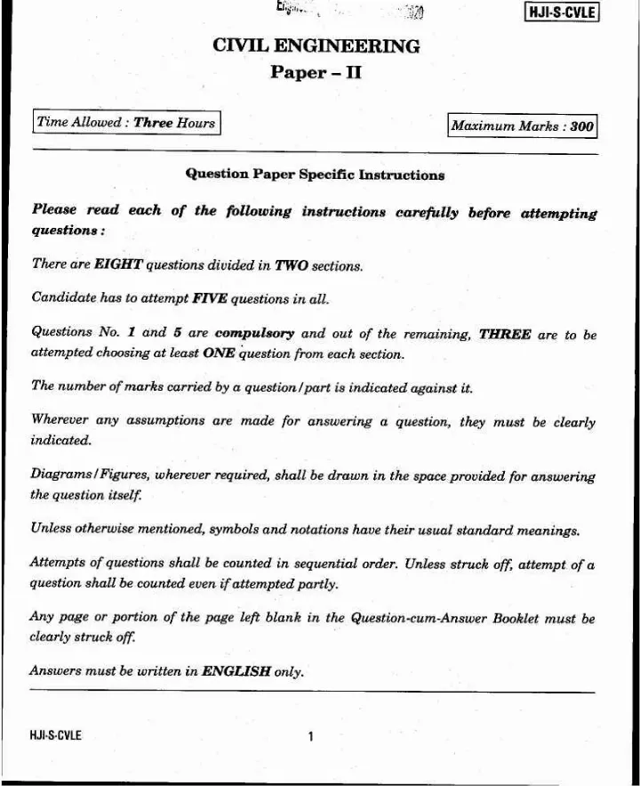 UPSC Engineering Services (Main) Examination 2020 Civil Engineering Paper II question paper page 1 instructions and header scan PDF download