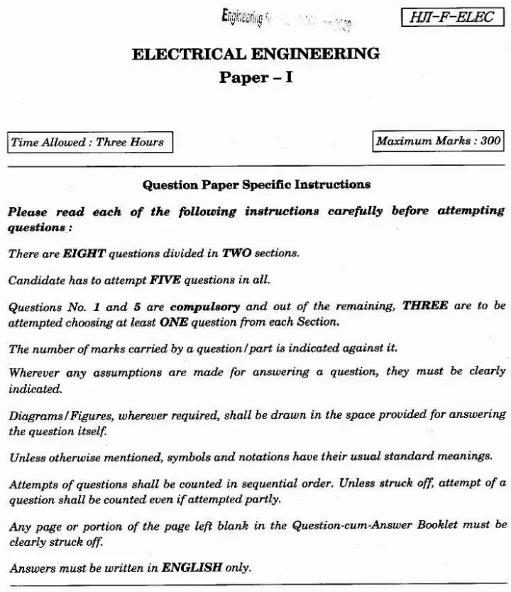 UPSC Engineering Services Main 2020 Electrical Engineering Paper I question paper page 1 instructions scan PDF download