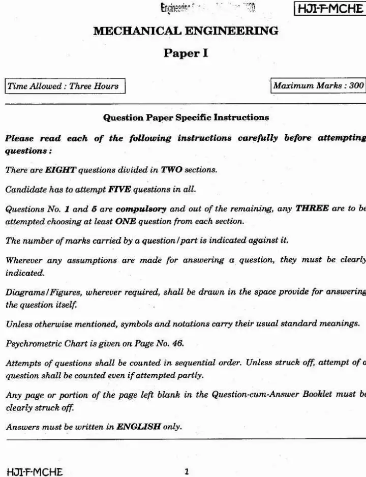 UPSC Engineering Services (Main) Examination 2020 Mechanical Engineering Paper I question paper page 1 instructions scan PDF download