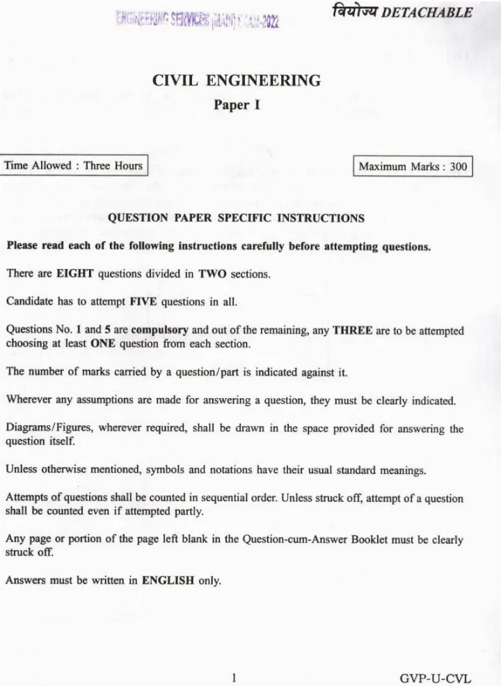 UPSC Engineering Services Main 2022 Civil Engineering Paper I question paper page 1 instructions scan PDF download