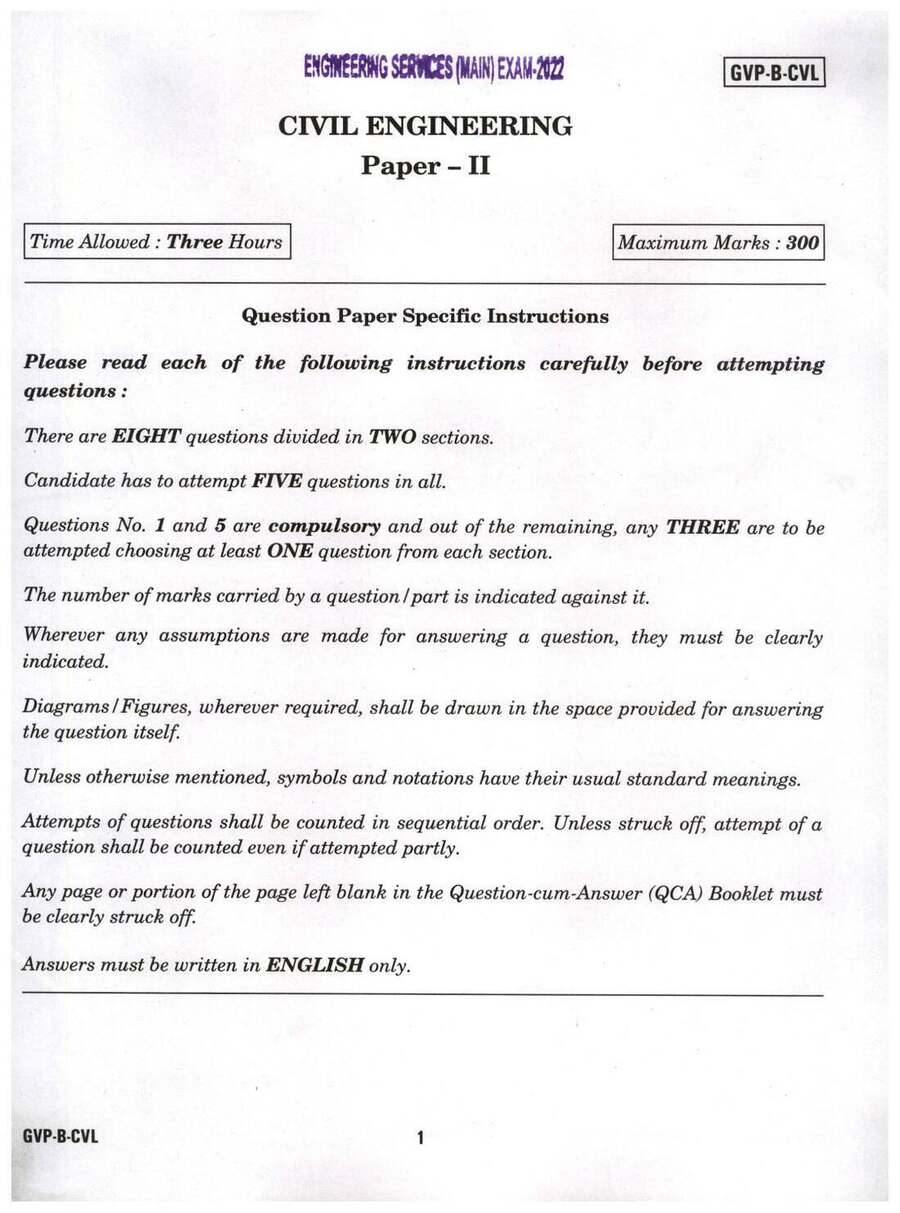 UPSC Engineering Services Main Exam 2022 Civil Engineering Paper II question paper page 1 instructions scan PDF download