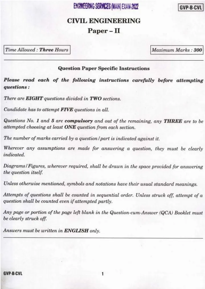 UPSC Engineering Services Main Exam 2022 Civil Engineering Paper II question paper page 1 instructions scan PDF download