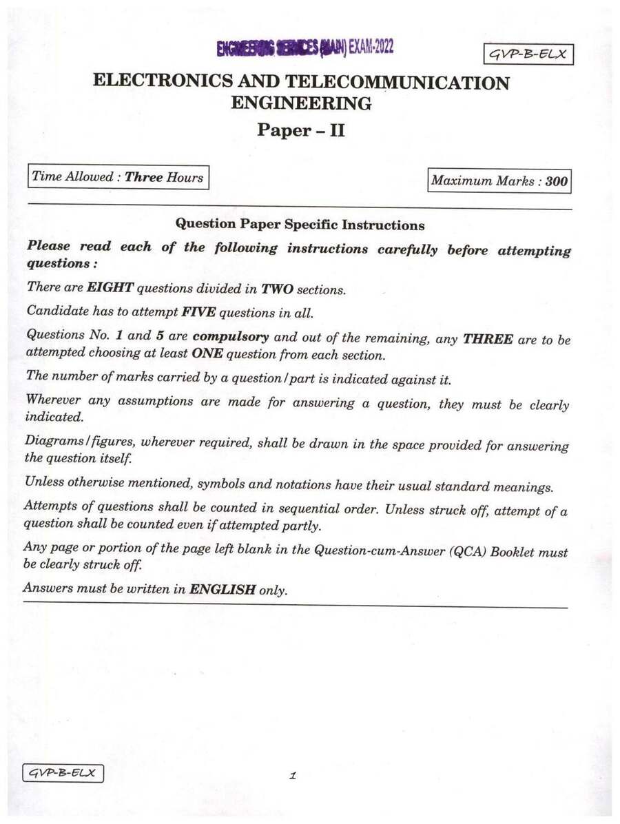 UPSC Engineering Services Main Examination 2022 Electronics and Telecommunication Engineering Paper II page 1 instructions scan PDF download