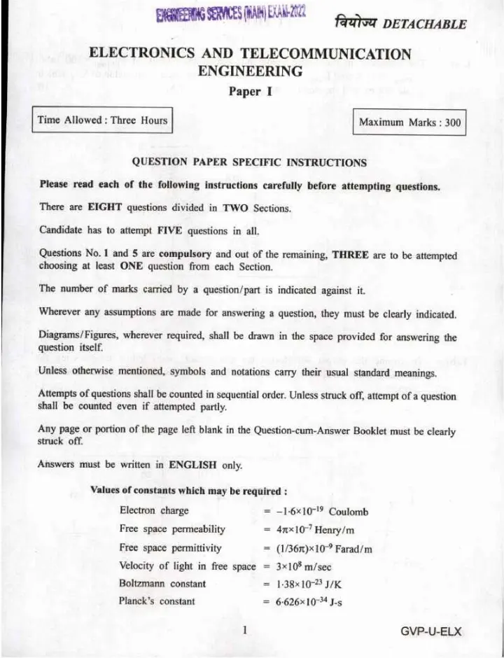 UPSC Engineering Services Main Examination 2022 Electronics and Telecommunication Engineering Paper II page 1 instructions scan PDF download