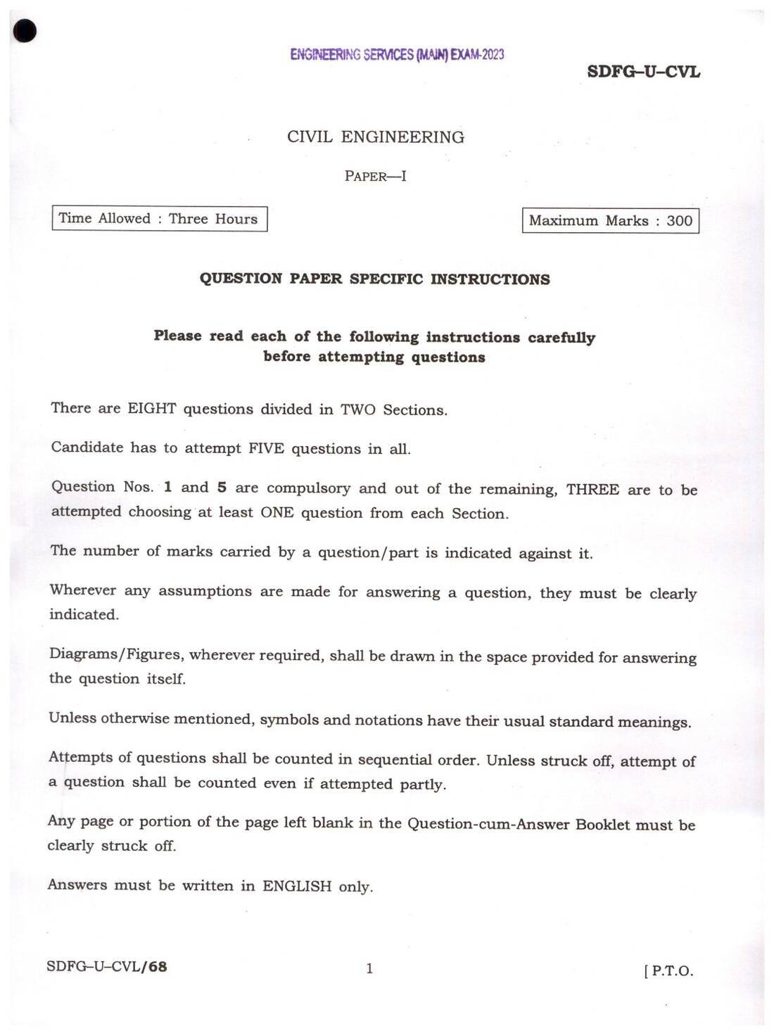 UPSC Civil Engineering Paper-I 2023 Section A (MCQ) — page 1 instructions scan PDF download