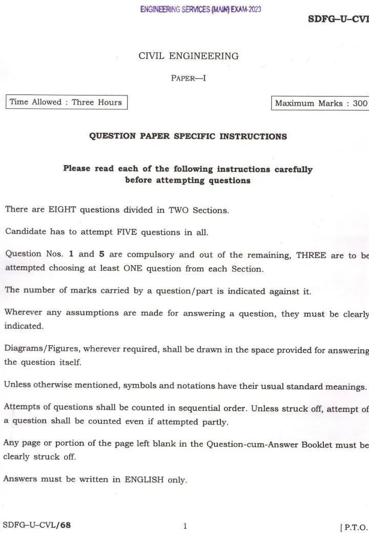 UPSC Civil Engineering Paper-I 2023 Section A (MCQ) — page 1 instructions scan PDF download