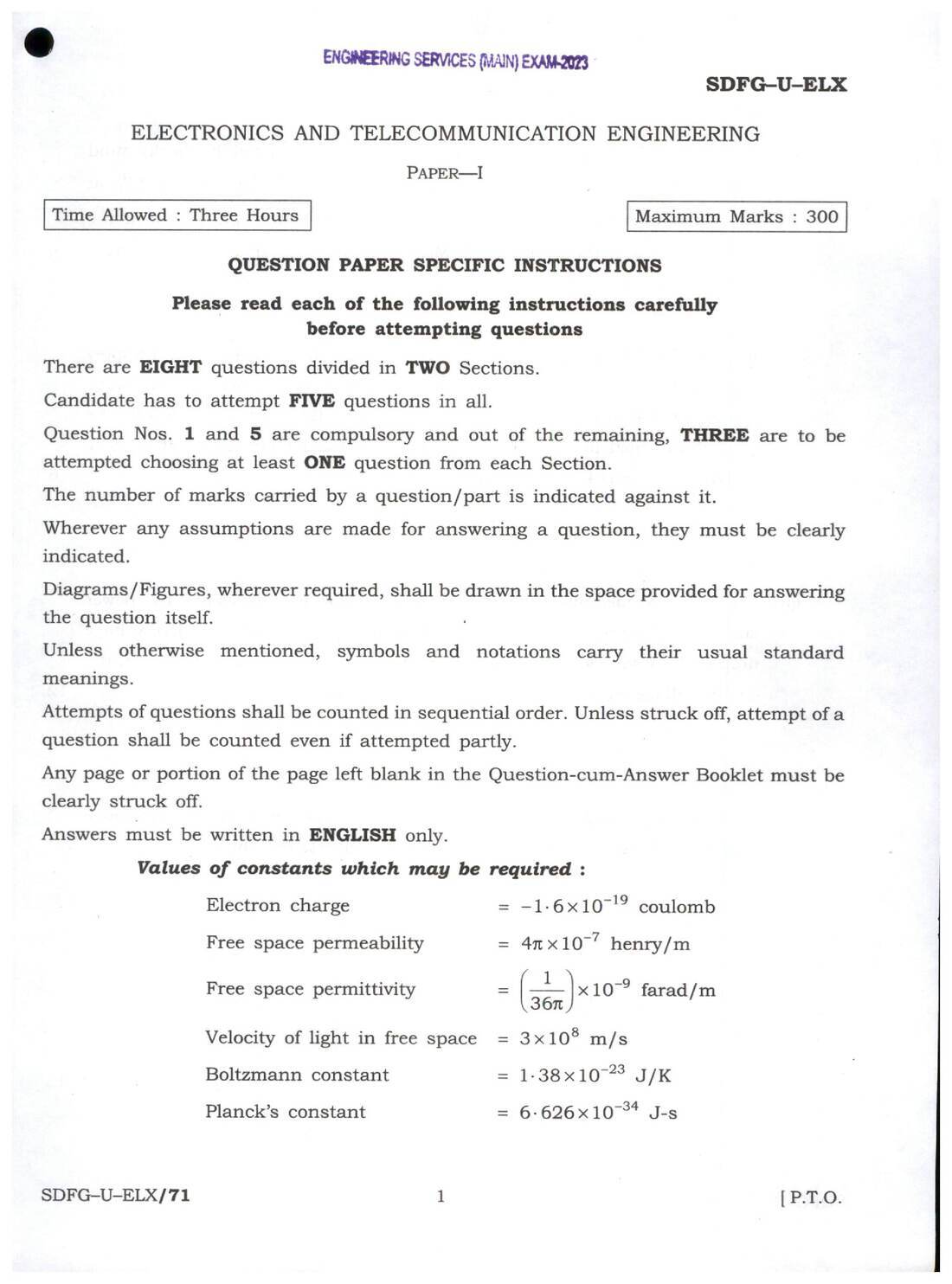 UPSC Engineering Services Main 2023 Electronics and Telecommunication Engineering Paper-I question paper page 1 instructions scan PDF download