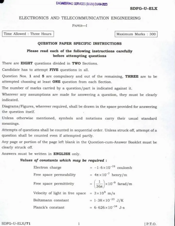 UPSC Engineering Services Main 2023 Electronics and Telecommunication Engineering Paper-I question paper page 1 instructions scan PDF download