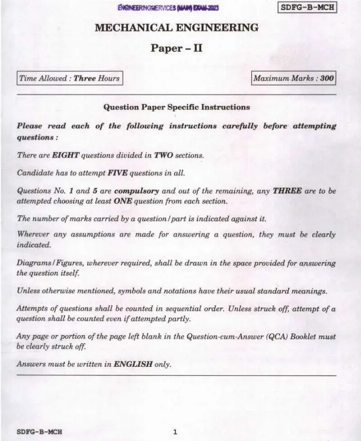 UPSC Engineering Services Main Exam 2023 Mechanical Engineering Paper II question paper page 1 scan, showing exam header and specific instructions for candidates. PDF download available.