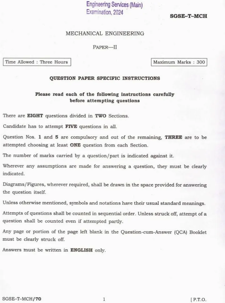 UPSC Engineering Services (Main) Examination 2024 Mechanical Engineering Paper II page 1 instructions scan PDF download