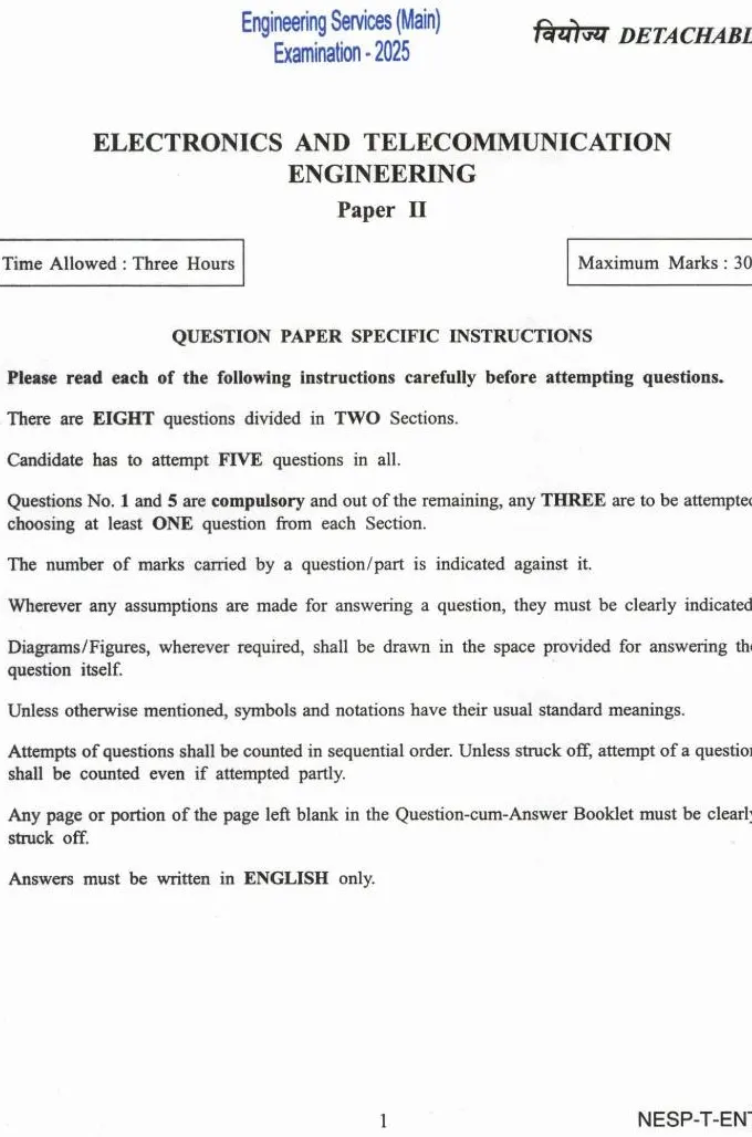UPSC Engineering Services (Main) Examination 2025 Electronics and Telecommunication Engineering Paper II question paper page 1 instructions scan PDF download