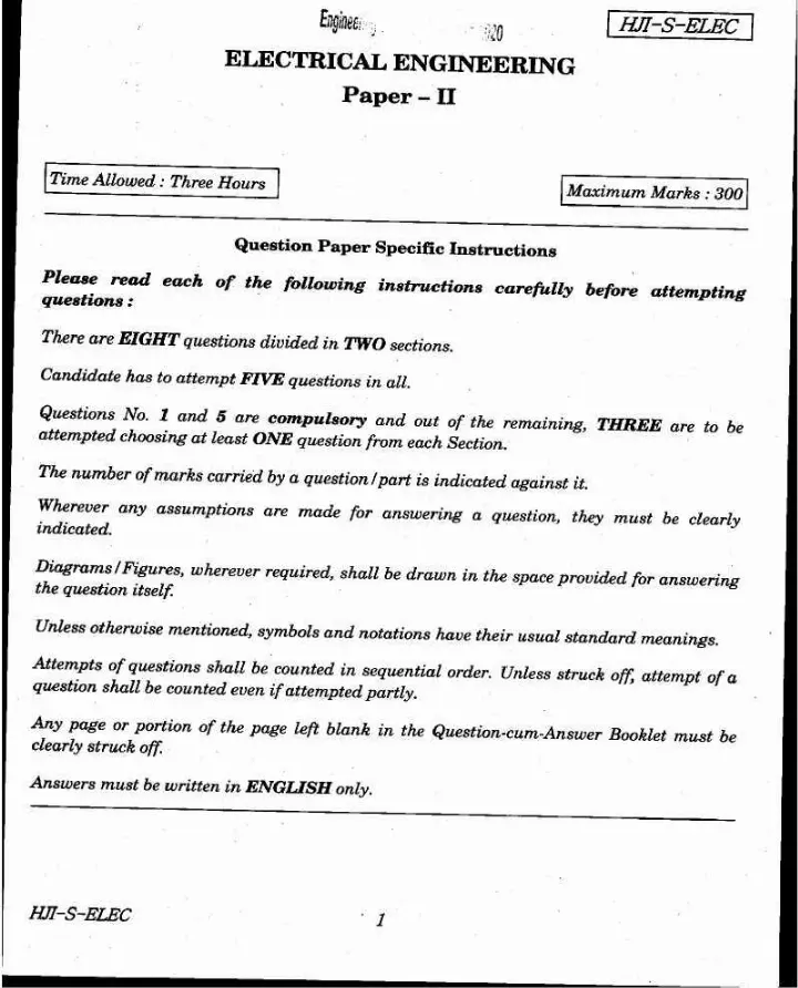 UPSC Engineering Services Main 2020 Electrical Engineering Paper II question paper page 1 instructions scan PDF download