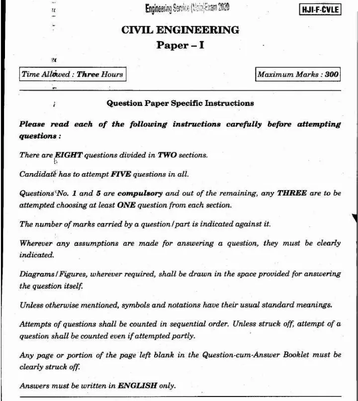 UPSC Engineering Services Main Exam 2020 Civil Engineering Paper-I question paper page 1 instructions scan PDF download
