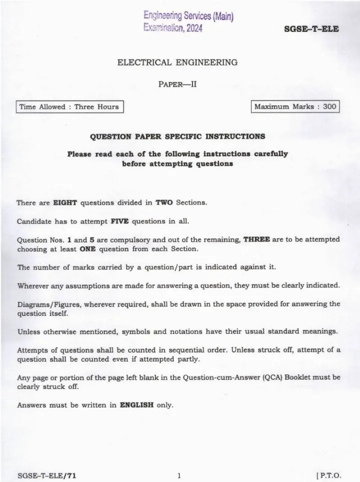 UPSC Engineering Services (Main) Examination 2024 Electrical Engineering Paper II page 1 instructions scan PDF download