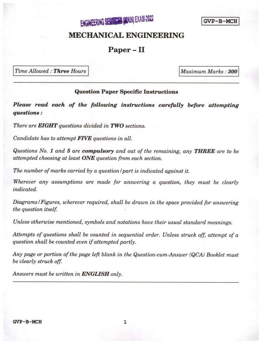 UPSC Engineering Services (Main) Exam 2022 Mechanical Engineering Paper II question paper page 1 instructions scan PDF download