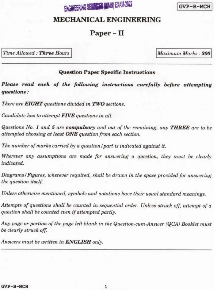 UPSC Engineering Services (Main) Exam 2022 Mechanical Engineering Paper II question paper page 1 instructions scan PDF download