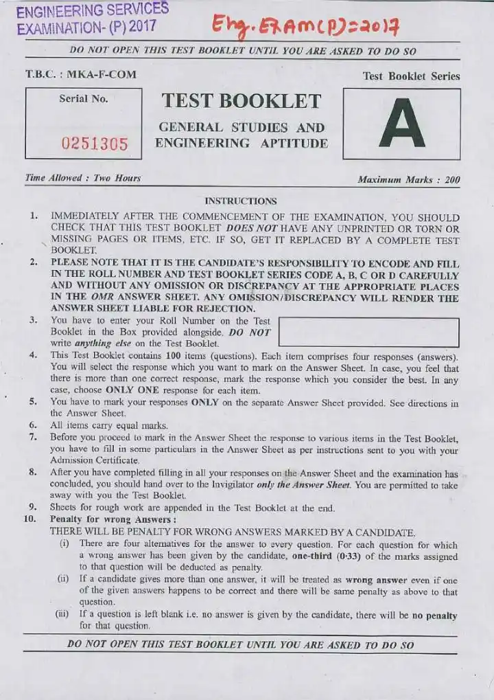 UPSC Engineering Services 2017 General Studies and Engineering Aptitude question paper page 1 instructions scan PDF download