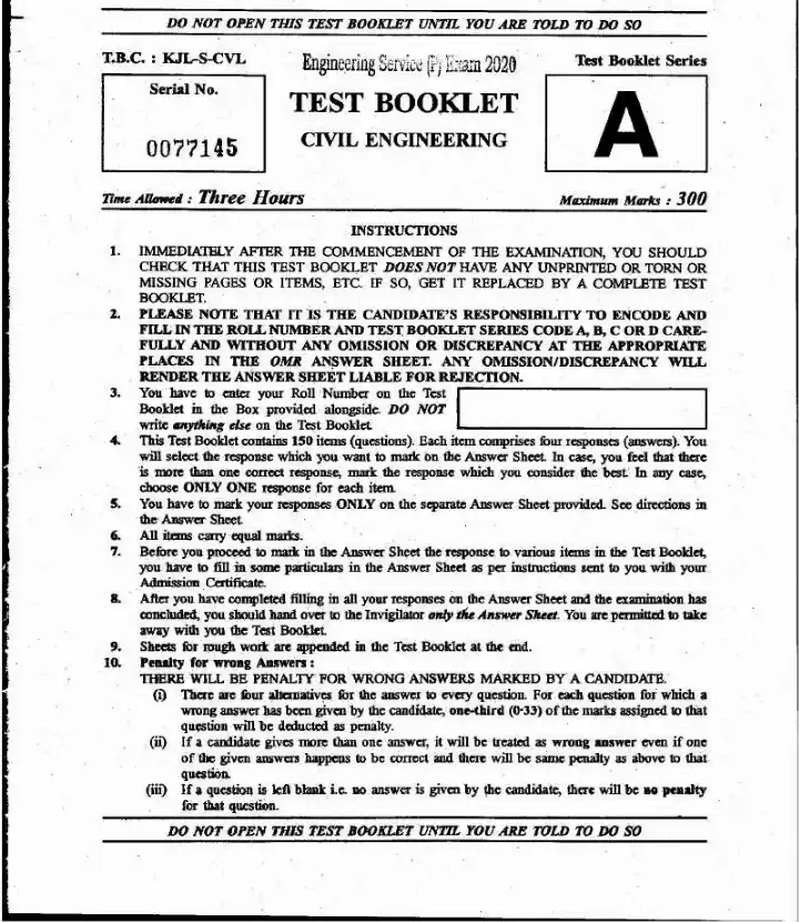 UPSC Engineering Services 2020 Civil Engineering question paper page 1 instructions scan PDF download