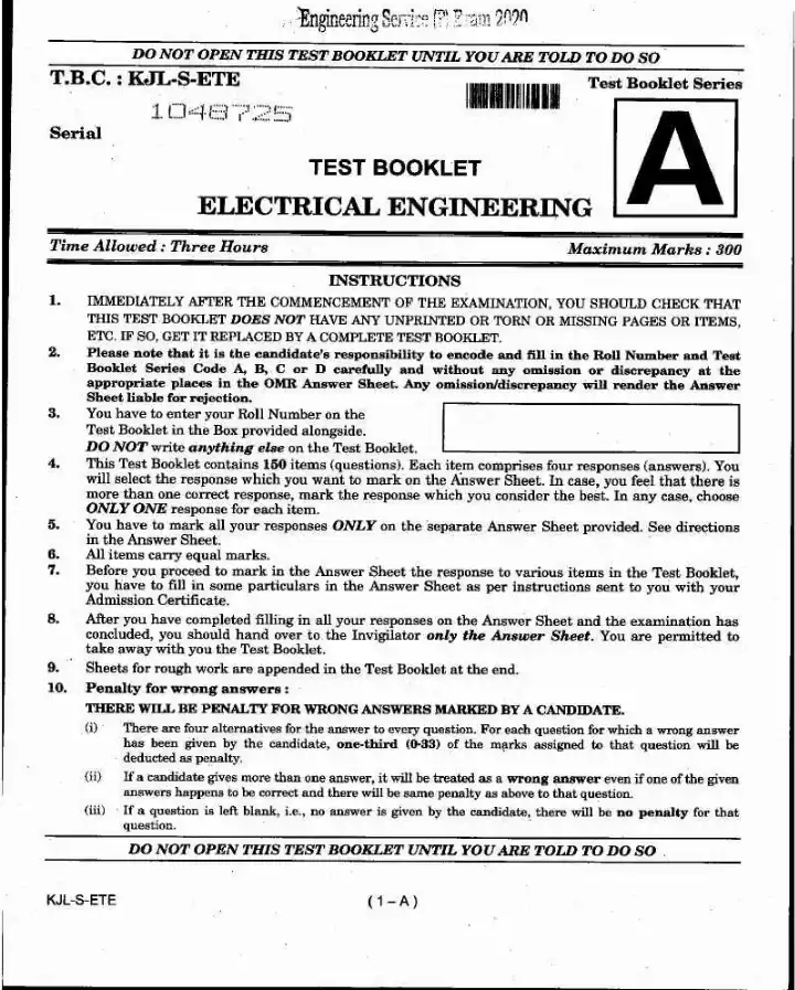 UPSC Engineering Services 2020 Electrical Engineering question paper page 1 instructions scan PDF download