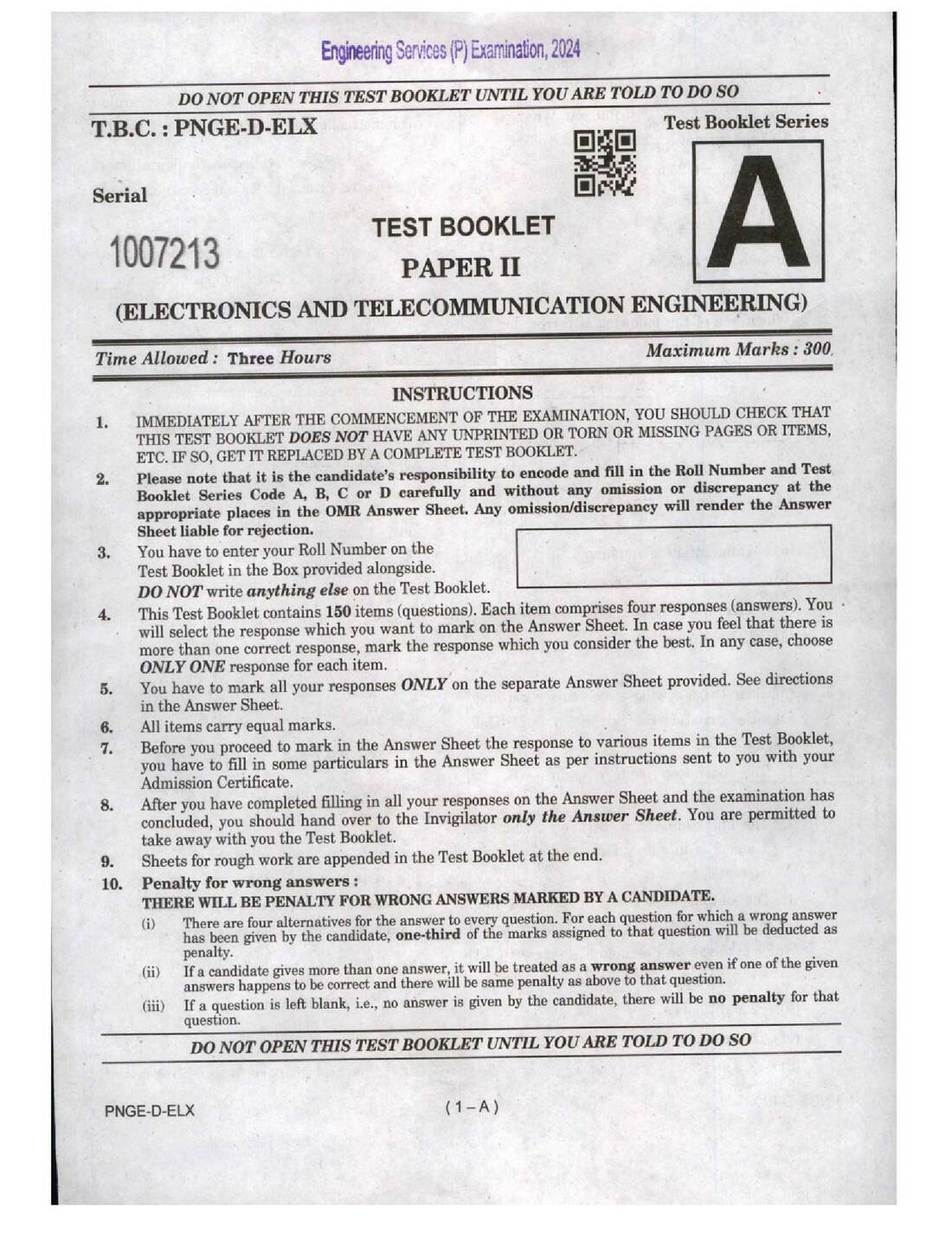 UPSC Engineering Services Preliminary Examination 2024 Paper II Electronics and Telecommunication Engineering question paper page 1 instructions scan PDF download