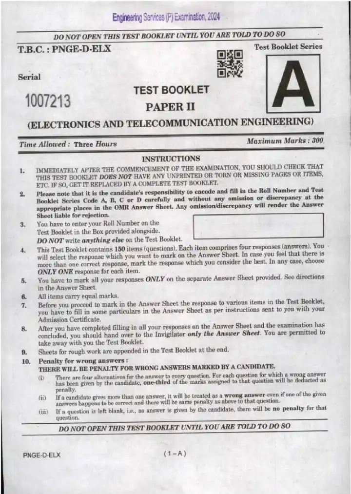 UPSC Engineering Services Preliminary Examination 2024 Paper II Electronics and Telecommunication Engineering question paper page 1 instructions scan PDF download