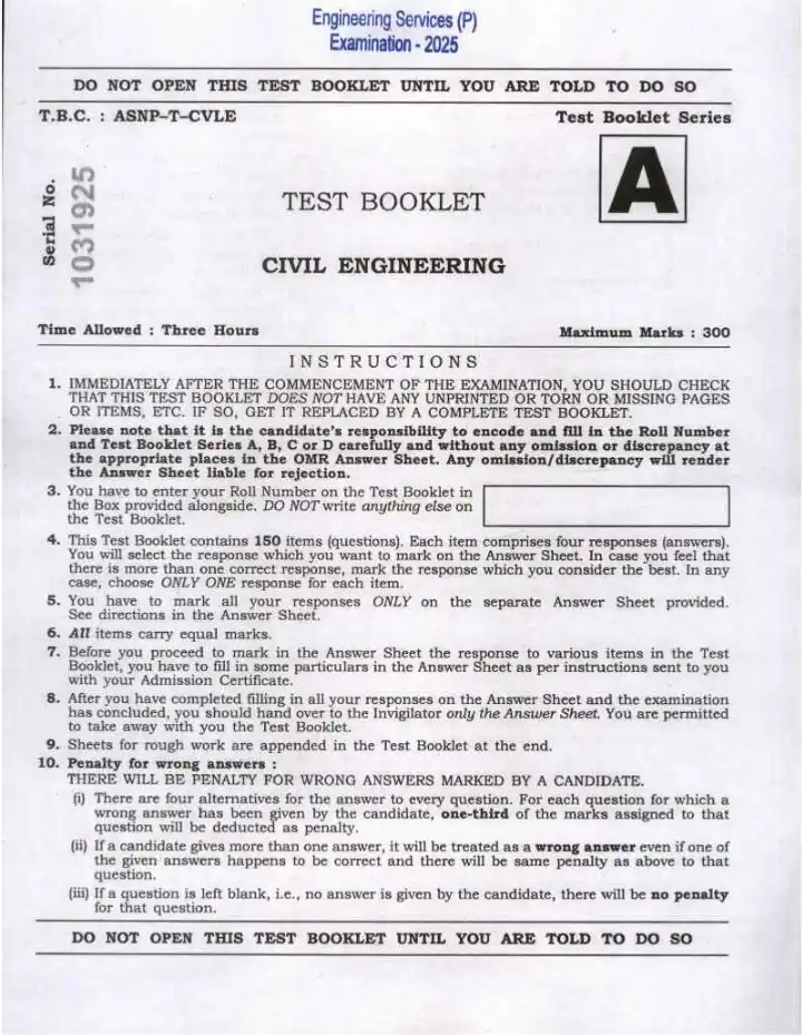 UPSC Engineering Services Preliminary 2025 Civil Engineering Paper II question paper page 1 instructions scan PDF download