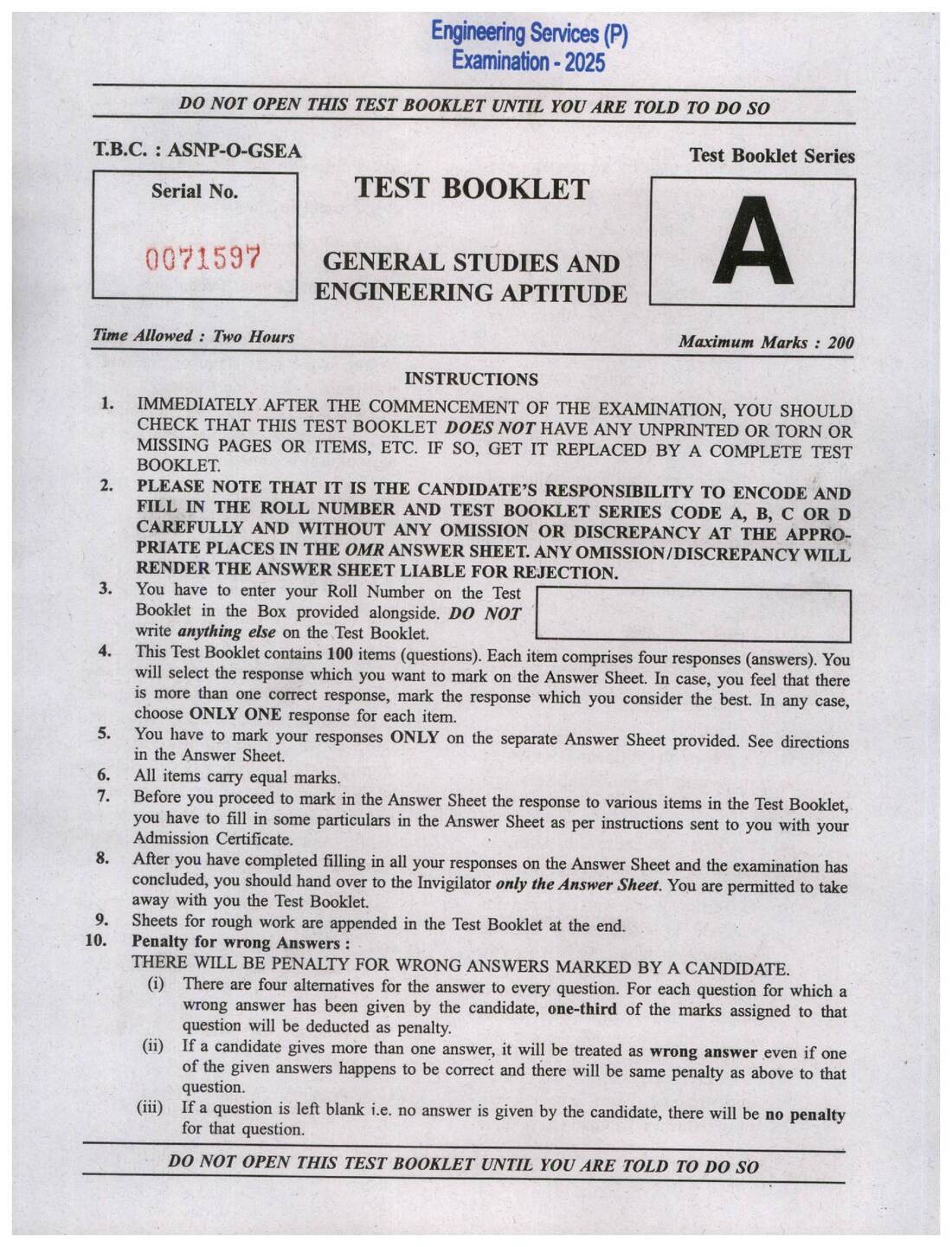 UPSC Engineering Services 2025 Preliminary Examination General Studies and Engineering Aptitude question paper page 1 scan, showing exam instructions and header. PDF download.