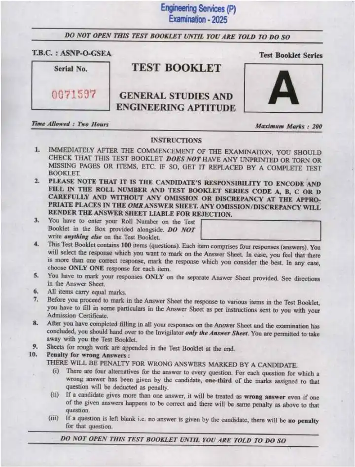 UPSC Engineering Services 2025 Preliminary Examination General Studies and Engineering Aptitude question paper page 1 scan, showing exam instructions and header. PDF download.