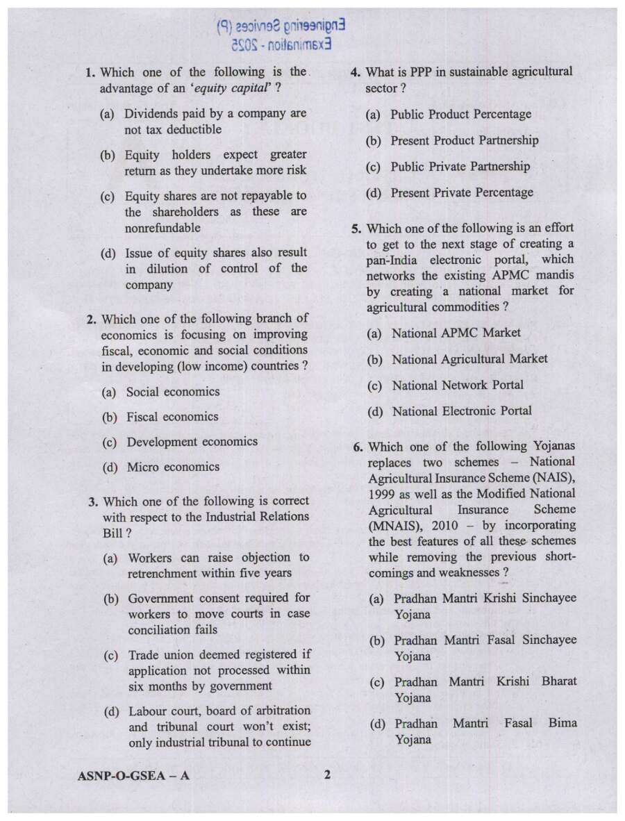 UPSC Engineering Services 2025 Preliminary Examination General Studies and Engineering Aptitude question paper page 1 scan, showing exam instructions and header. PDF download.
