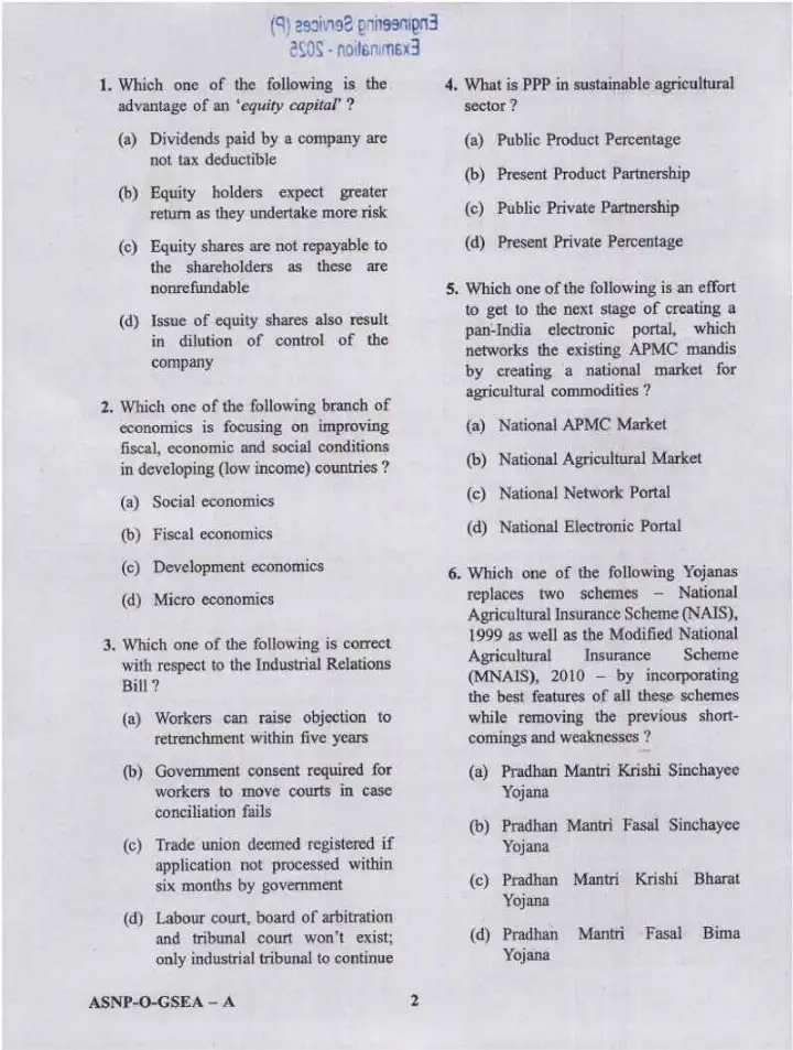 UPSC Engineering Services 2025 Preliminary Examination General Studies and Engineering Aptitude question paper page 1 scan, showing exam instructions and header. PDF download.