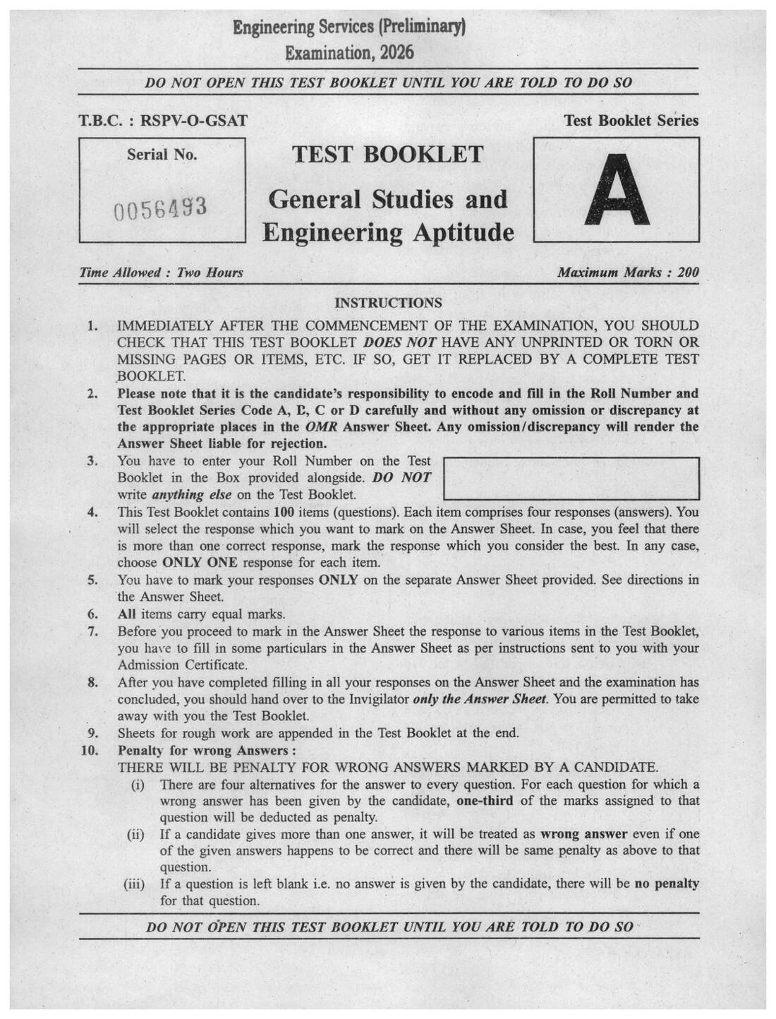 UPSC Engineering Services Preliminary Examination 2026 General Studies and Engineering Aptitude question paper page 1 instructions scan PDF download