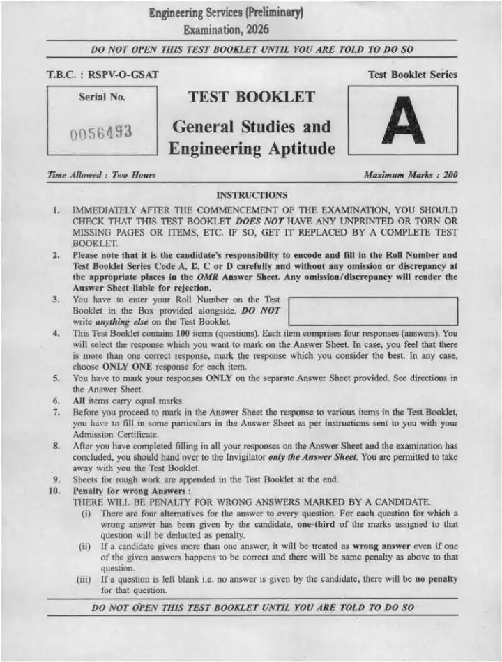 UPSC Engineering Services Preliminary Examination 2026 General Studies and Engineering Aptitude question paper page 1 instructions scan PDF download