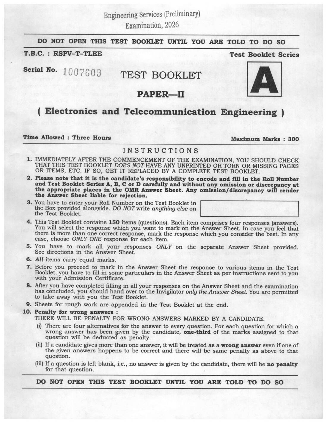 UPSC Engineering Services (Preliminary) Examination 2026 Paper II Electronics and Telecommunication Engineering question paper page 1 instructions scan PDF download