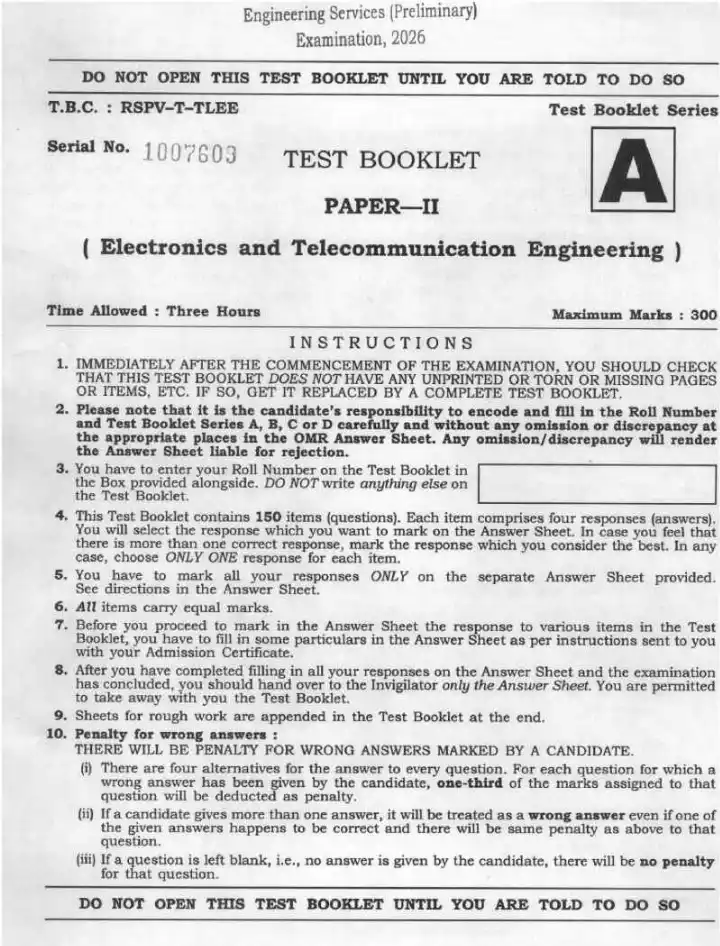 UPSC Engineering Services (Preliminary) Examination 2026 Paper II Electronics and Telecommunication Engineering question paper page 1 instructions scan PDF download
