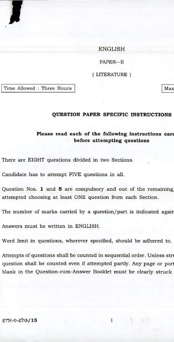 UPSC English Paper II (Literature) 2017 question paper page 1 instructions scan PDF download