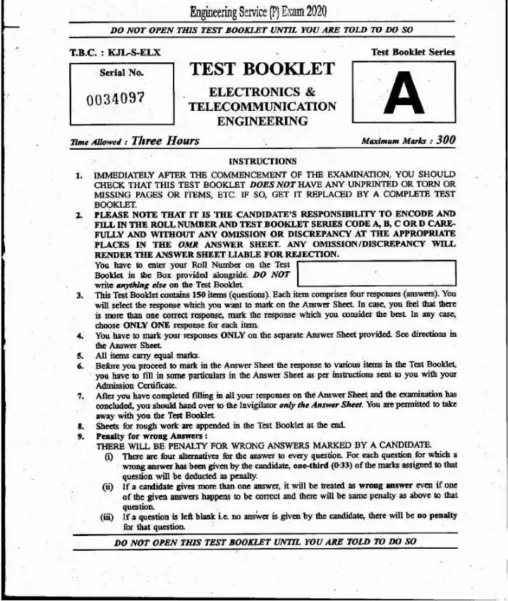 UPSC ESE 2020 Electronics & Telecommunication Engineering Prelims question paper page 1 instructions scan PDF download