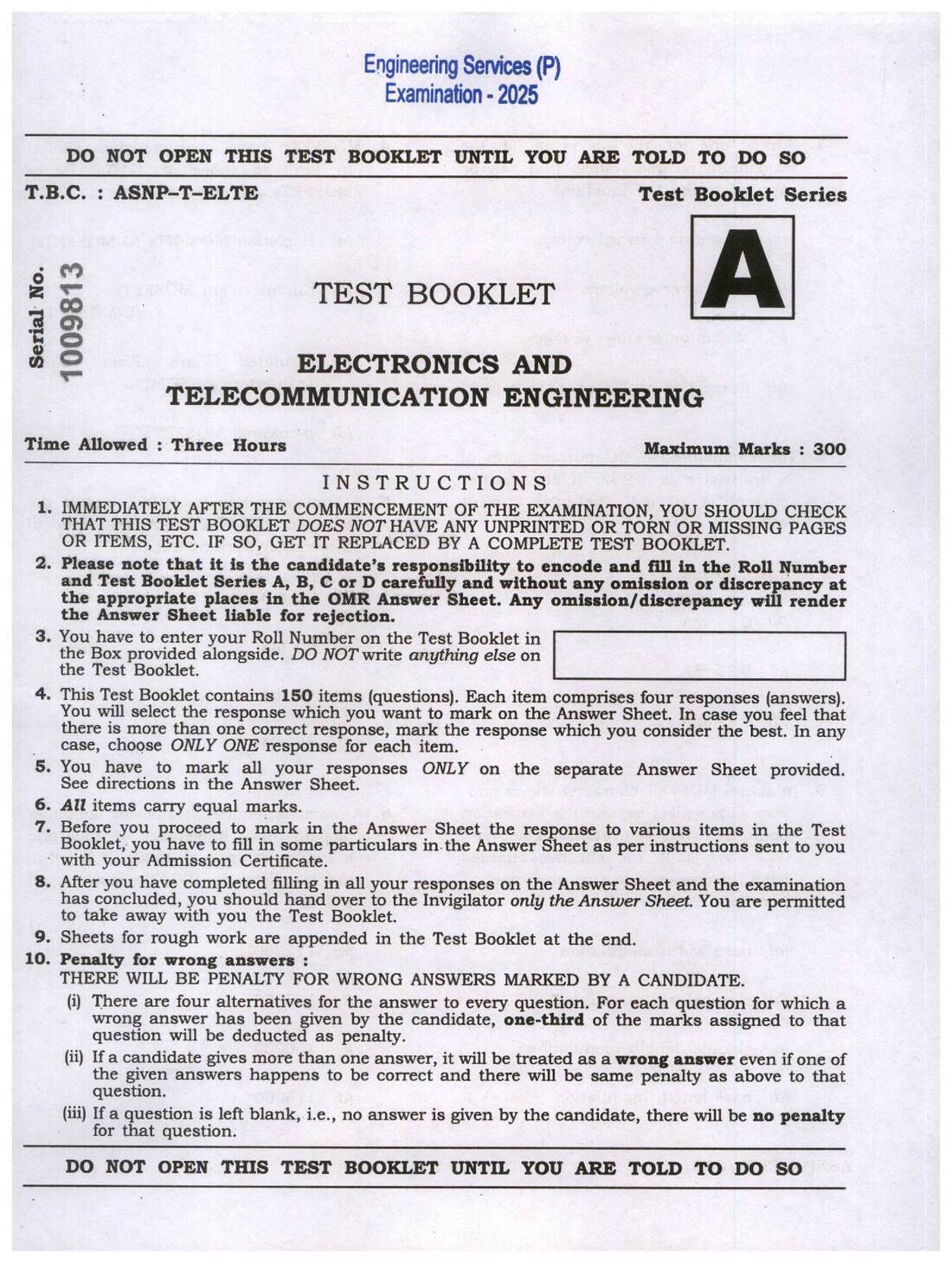 UPSC ESE 2025 Electronics and Telecommunication Engineering question paper page 1 instructions scan PDF download