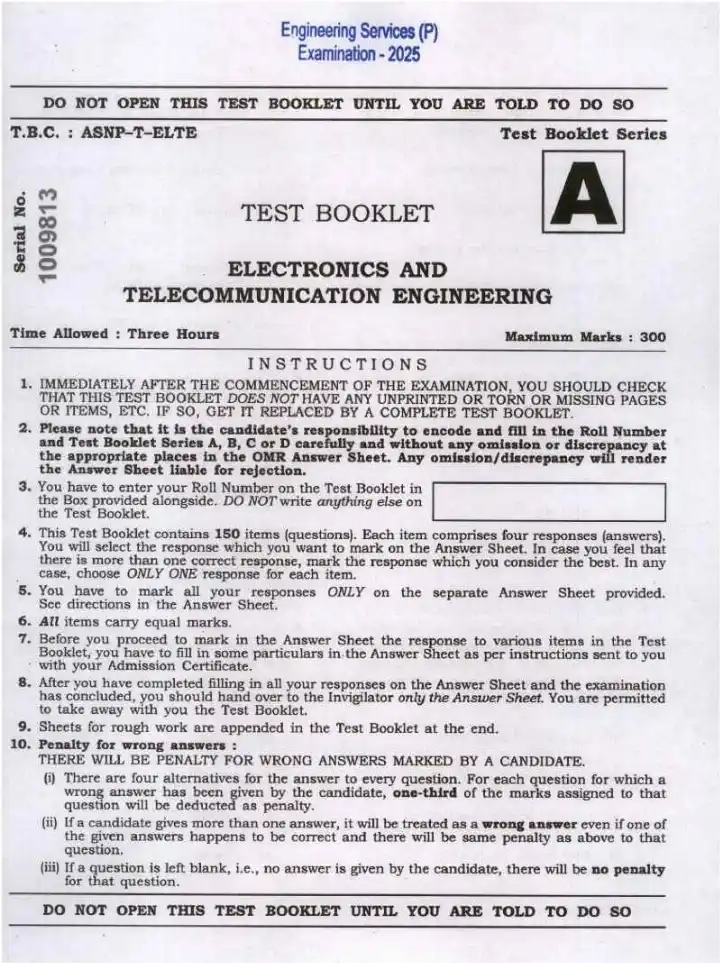 UPSC ESE 2025 Electronics and Telecommunication Engineering question paper page 1 instructions scan PDF download