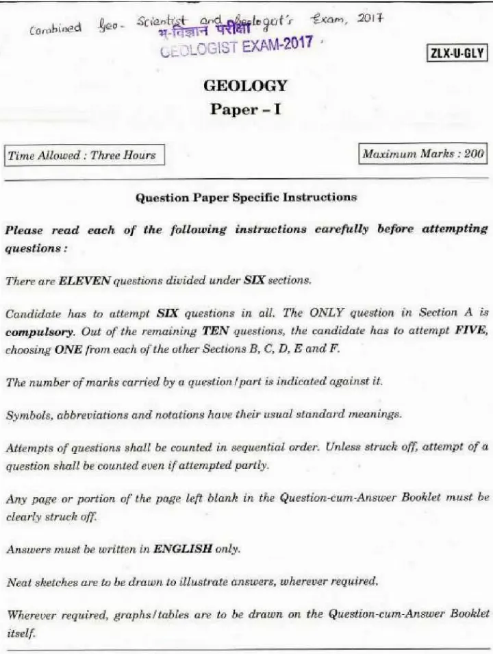 UPSC Geo-Scientist and Geologist Examination 2017 Geology Paper I question paper page 1 instructions scan PDF download