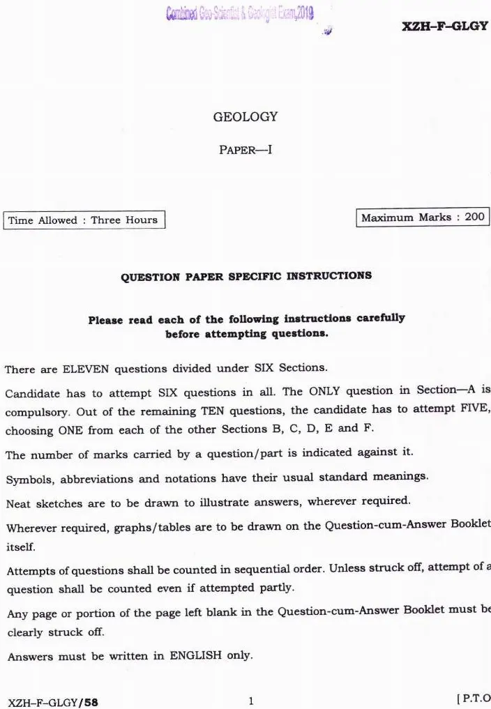 UPSC Geo-Scientist Geology Paper I 2019 question paper page 1 instructions scan PDF download