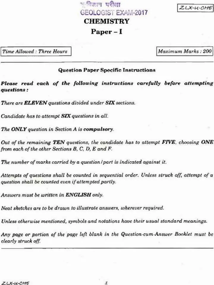 UPSC Geologist Examination 2017 Chemistry Paper I page 1 instructions scan PDF download