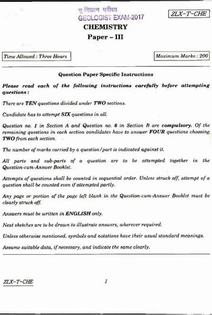 UPSC Geologist Examination 2017 Chemistry Paper III question paper page 1 instructions scan PDF download
