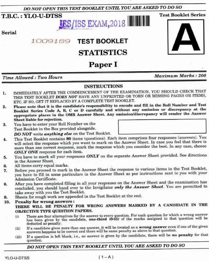 UPSC IES ISS 2018 Statistics Paper I question paper page 1 instructions scan PDF download