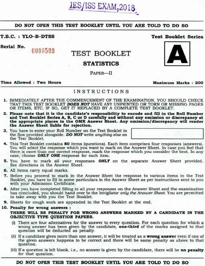 UPSC IES ISS 2018 Statistics Paper II question paper page 1 instructions and exam header scan PDF download