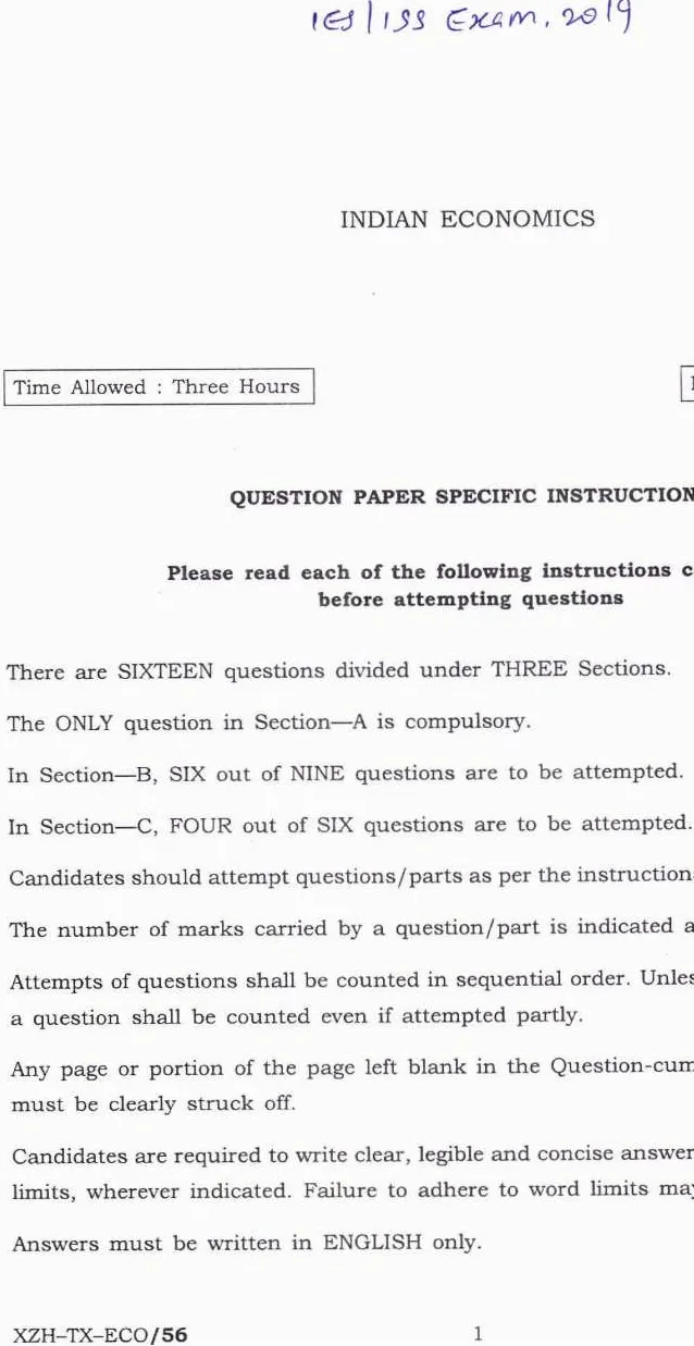 UPSC IES ISS 2019 Indian Economics question paper page 1 instructions scan PDF download