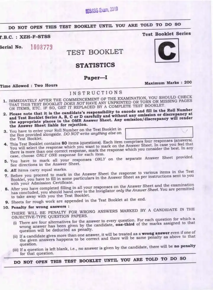 UPSC IES ISS 2019 Statistics Paper-I question paper page 1 instructions and exam header scan PDF download